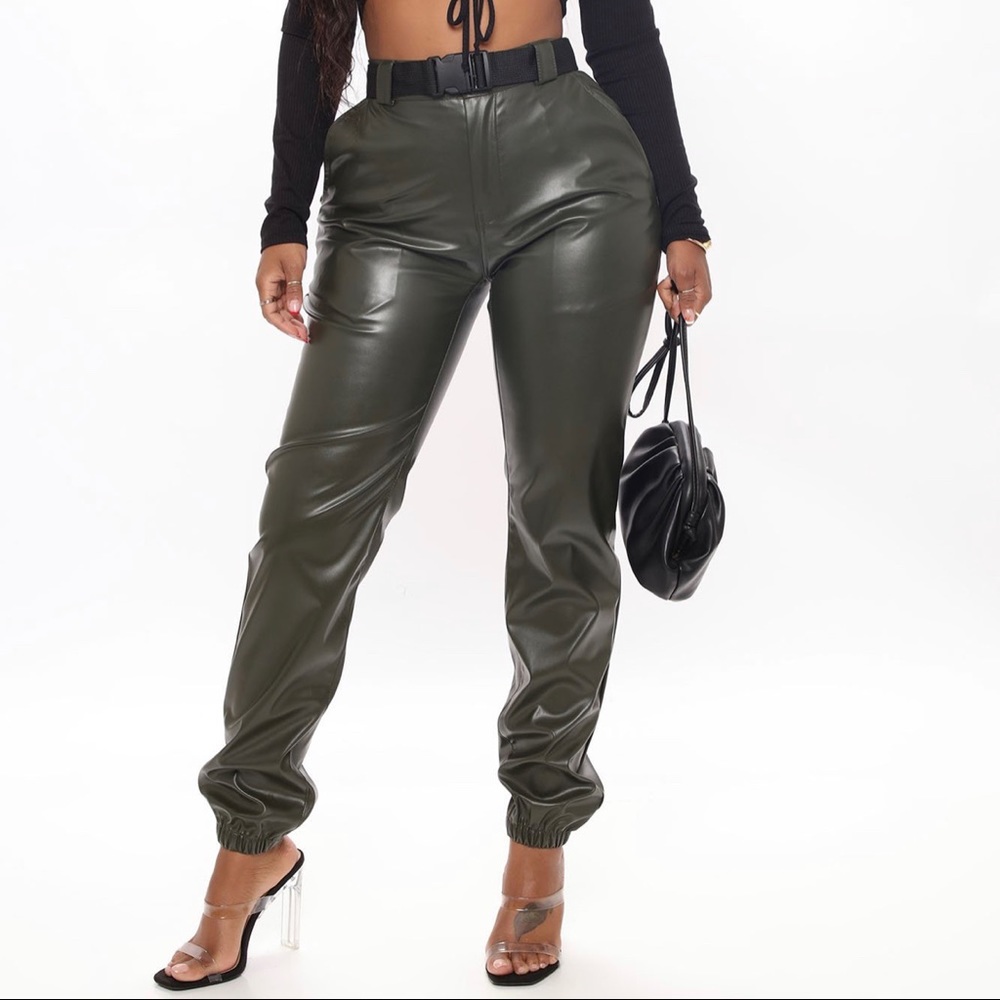 Faux Leather Joggers - Olive